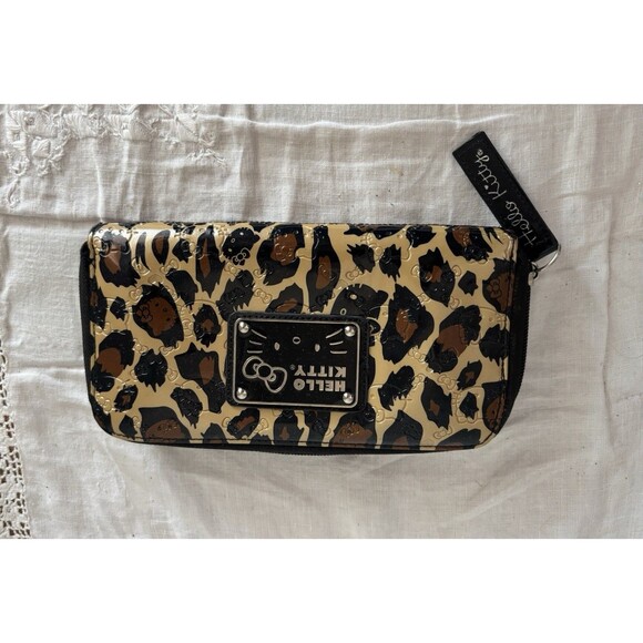 Hello Kitty Handbags - Rare HELLO KITTY Wallet Black Brown Gold Leopard Zip Around Clutch Card Holder